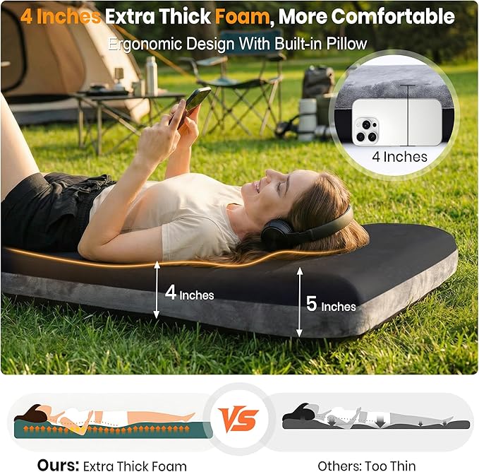 Self Inflating Sleeping Pad with Electric Pump 4 Ultra-Thick Foam Sleeping Mats for Camping with Built-in Pillow 9.5 R-Value 4 Season Camping Mattress Pad for Cot Truck Car Home
