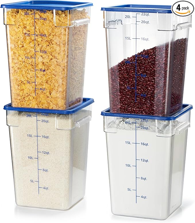 CURTA 4 Pack Food Storage Containers with Blue Lids - NSF Listed Commercial Grade in 22.0 Qt - Square Clear Polycarbonate