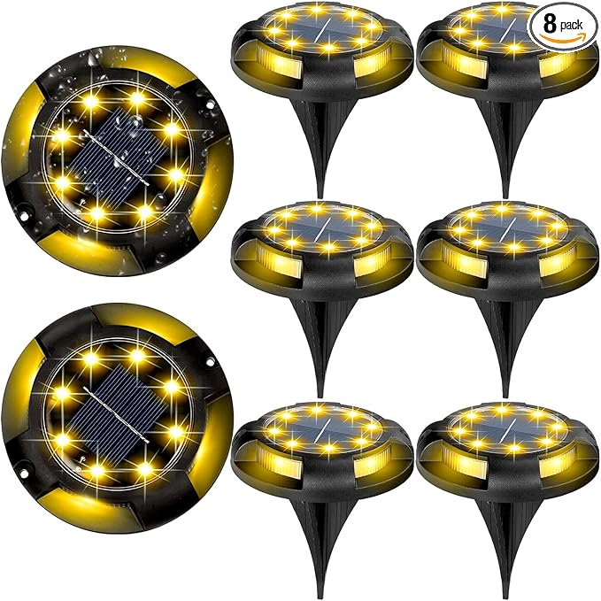 Solar Ground Lights Outdoor Waterproof 8 Pack 12 LEDs Solar Garden Disk Lights Landscape Lighting for Outside Pathway Deck Yard Patio Lawn Driveway Walkway Deco (Warm Lights)