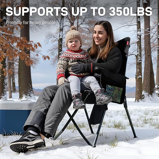 EVER ADVANCED Heated Reclining Camping Chairs for Adult Lightweight Portable Compact Folding Chair with Adjustable Back Portable Lawn Chair for Patio Balcony Supports 350lbs Black