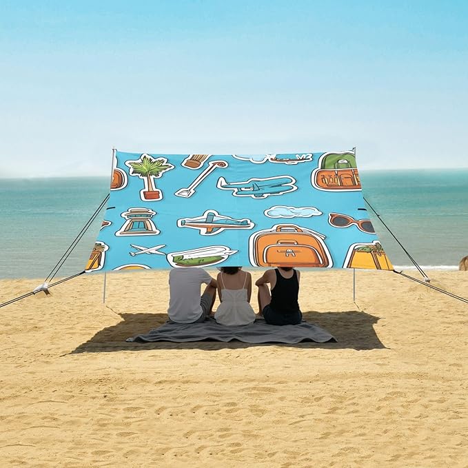 ALAZA Travel Sticker Beach Tent Sun Shelter UPF50+ Protection Beach Shade Canopy w/ 4 Sandbags for Outdoor Camping Fishing Backyard Fun Picnic 10x9 ft