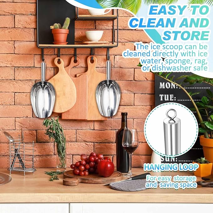 4 Pcs 24 Ounce Metal Ice Scoop Large Scoop for Freezer Rust-proof Utility Ice Cube Scoops with Hanging Loop for Coffee Bean Popcorn Flour Dog Food Candy Potted Plants Dishwasher Safe