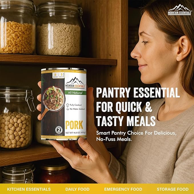 MOUNTAIN ESSENTIALS Canned Pork 14.5 oz – Fully Cooked Ready to Eat – Pantry Staple Meat for Everyday Meals Premium Emergency Survival Bulk Food Storage Camping Hiking &amp Quick Meals – 5-Year