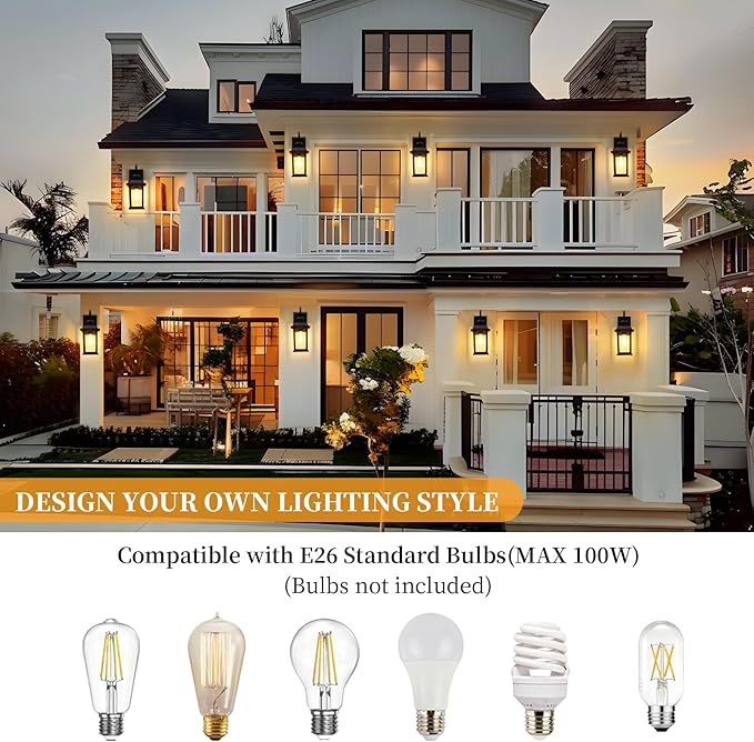 Outdoor Wall Sconce Lights 2-Pack Anti-Rust Aluminum Outdoor Porch Lights Wall Mount Black Exterior Lighting Fixtures with Tempered Glass 15 Medium Coach Lights for Garage House