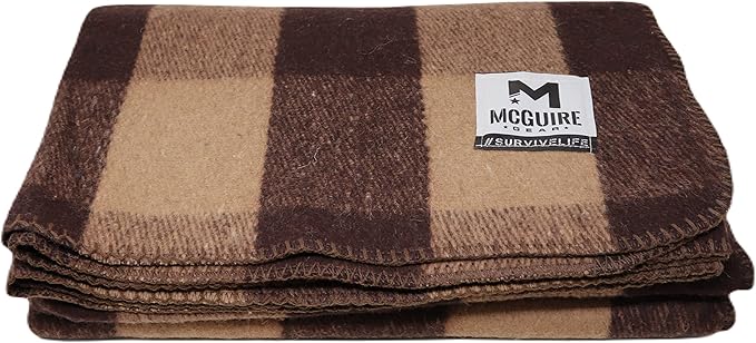 M MCGUIRE GEAR Warm Wool Bunkhouse Plaid Blanket for Camping Home Survival or First Aid 64 x 90 (Light Brown/Brown)