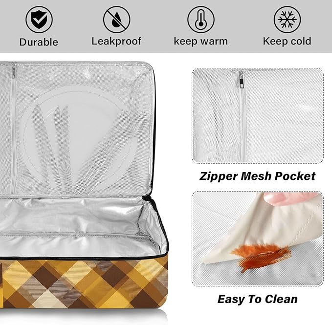 Casserole Carrier Yellow Brown Plaid Insulated Casserole Carrier for Hot or Cold Food Thermal Lunch Tote for Parties Picnic Travel Carry Bag