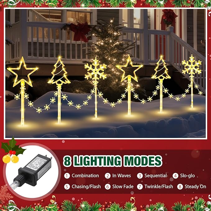 12 Pack Outdoor Snowflake Walkway Lights Plug in Christmas Pathway Lights 8 Modes Xmas Waterproof LED Garden Stake Light for Walkway Porch Yard Lawn(Warm White)