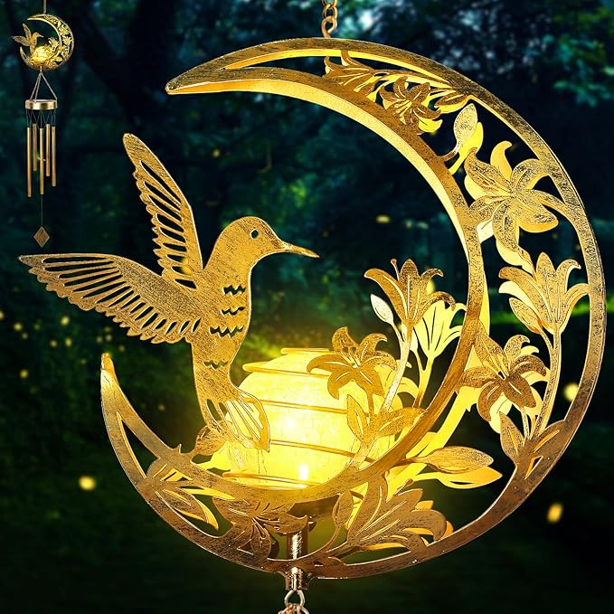 Moon Hummingbird Wind Chime Outdoor Handcrafted Metal Garden Wind Chimes with Hummingbird Charms Melodic Wind Bells for Patio Porch Decor Weatherproof Gift for Nature Lovers &amp Bird Watchers