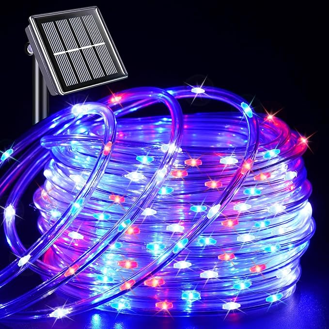 YEGUO Solar Christmas Light Outdoor Waterproof 66ft 200 LED Red White and Blue Rope Lights 8 Modes Tube String Lights in Clear Thin Tube