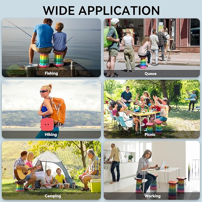 Upgraded Collapsible Stool Portable Folding Stool Telescoping Camping Chair with Max Load Capacity 485lbs Square Retractable Stool for Camping Gardening Fishing Hiking BBQ [Rainbow+Red]