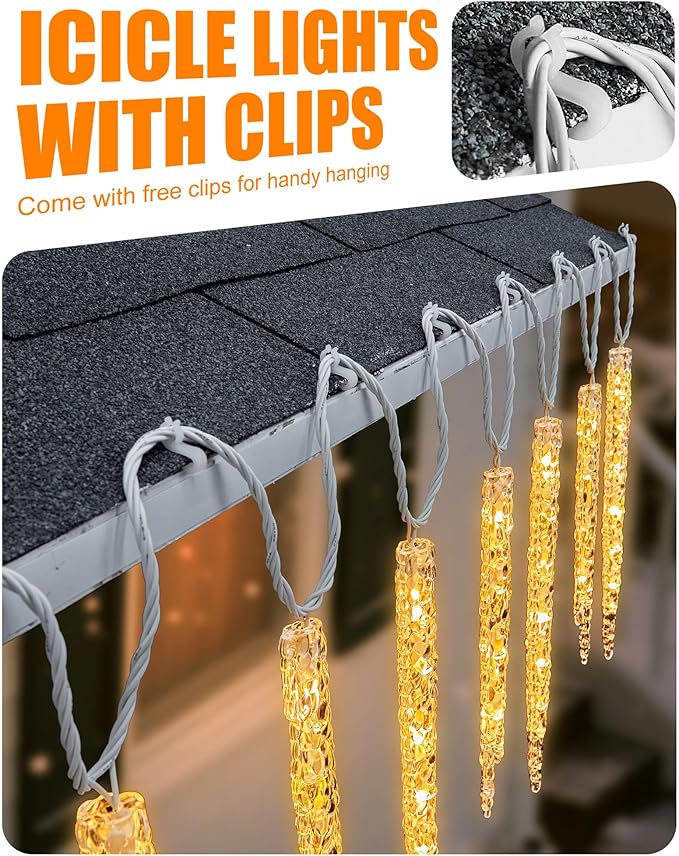 Minetom Icicle Lights Outdoor with Clips 2 Pack Total 40ft 200 LED 40 Tubes Twinkling Ice Shape String Lights Connectable Hanging Christmas Lights Plug in for Eave Holiday Outdoor Warm White