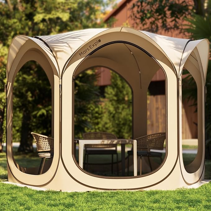 10X10FT Pop-Up Screen House Tent Portable Instant Screen Room Canopy with Mesh Doors and Carry Bag for Patio Backyard Deck Camping Outdoor Pop up Gazebo Popup Canopy Tent Beige
