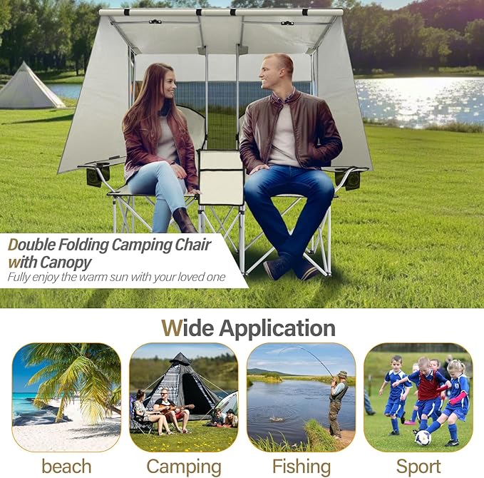 BDL Double Camping Chair with Canopy Two Person Folding Loveseat with Shade Heavy Duty Beach Chair with Cooler Bag Cup Holder for Outside Fishing Sports Beach-White