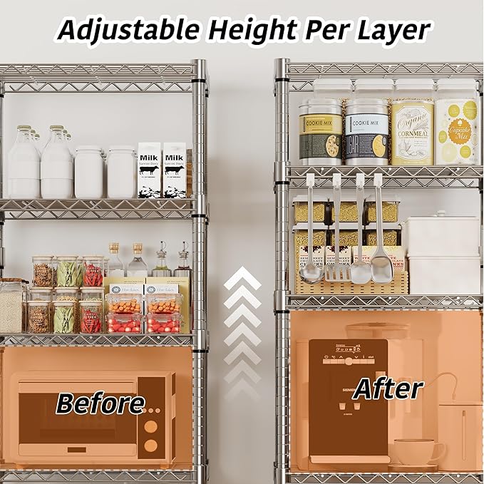 61-Inch Metal Storage Rack with Wheels 5-Tier Adjustable Wire Mesh Rack with Side Handles 24-Inch Wide Heavy-Duty Rolling Shelving Unit Easy to Assemble for Kitchens and Home Garages Silver