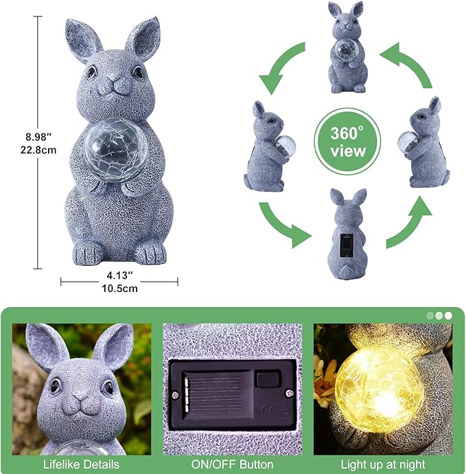 Solar Garden Outdoor Statues Bunny with Gazing Ball - Outdoor Decor Garden Rabbit Statue for Patio Balcony Yard Lawn Ornament - Unique Housewarming Gifts