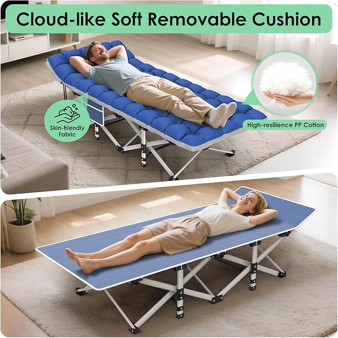 Suteck Camping Cot Folding Camping Cot Bed for Adults Sleeping 1200D Double Layer Oxford Portable Folding Outdoor Cots for Camping W/Soft Pad Carry Bag for Home Office Nap Beach Travel 500LBSBlue