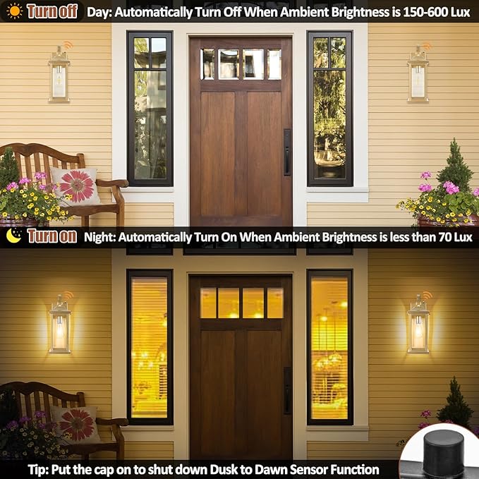 Large Gold Outdoor Sconces Dusk to Dawn 2-Pack 17 Inch Large Porch Light Photocell Brass Outdoor Light Fixtures IP65 Waterproof with Clear Glass Outside Wall Lanterns Wall Mounted Lamps