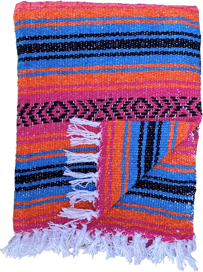 Del Mex Classic Mexican Blanket Large Authentic Woven Falsa Throw (70x50) Artisan Southwest Décor for Beach Yoga Outdoors (Turquoise/Pink/Orange)