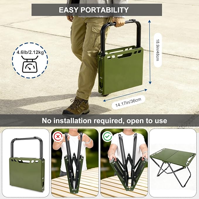 Tactical Camping Table Collapsible Table Lightweight with Carry Bag Durable Carbon Steel Outdoor Picnic Table for Camping Travel expeditions Hiking Picnics BBQs &amp Beach Trips - Green