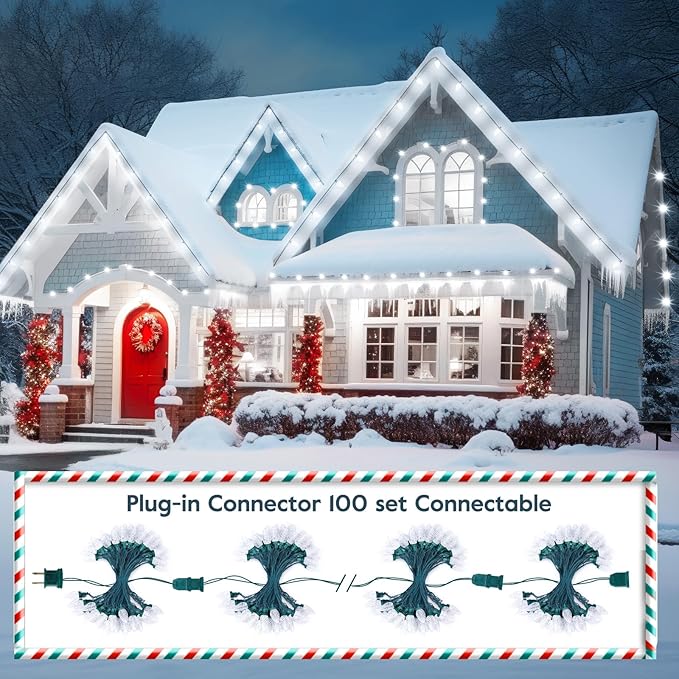 Brightown C9 LED Christmas String Lights 33ft 50 LED Waterproof Strawberry String Lights Plug-in Extendable Green Wire Lights String for Outdoor Indoor Patio Party Decoration (White)