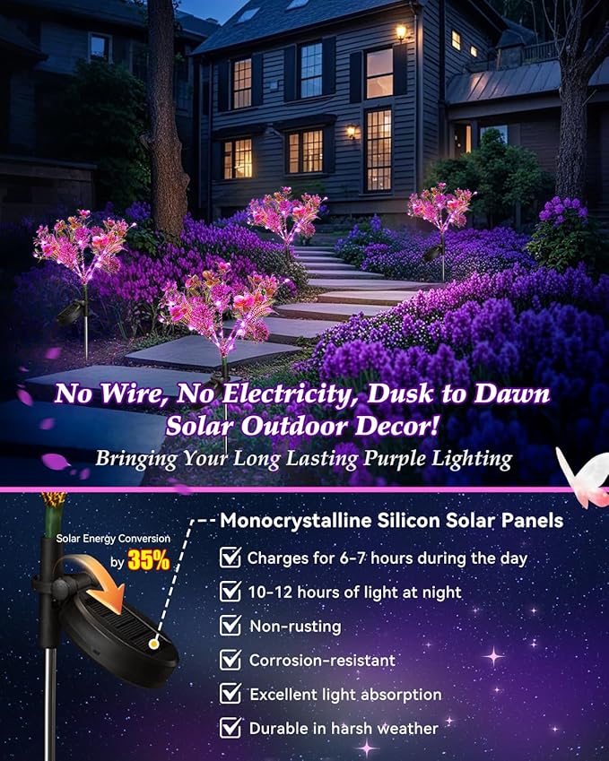 Neporal Solar Garden Lights 6PK Purple Phalaenopsis Solar Flowers Outdoor Waterproof Solar Lights Decorative for GardenYard Decor Outdoor Decor