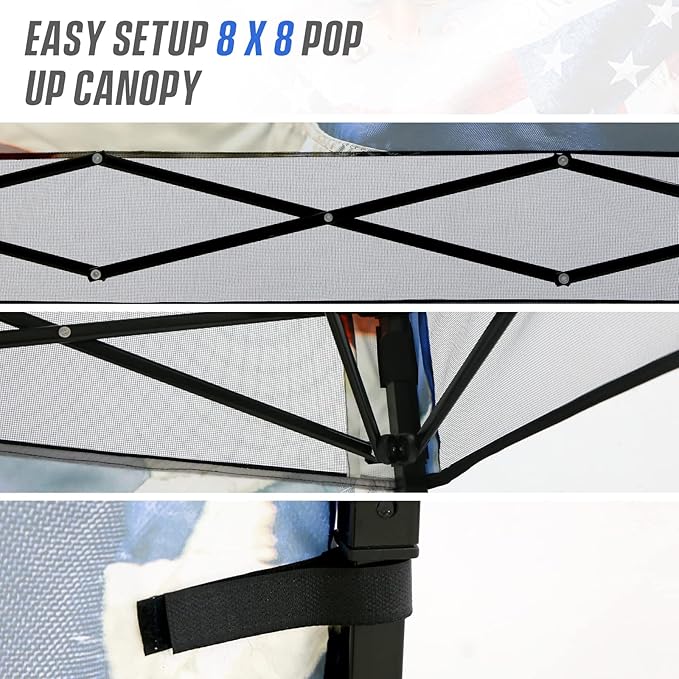 EAGLE PEAK 8x8 Pop Up Canopy Tent with Sidewall Compact Portable Slant Leg Instant Sun Shelter for Beach Sports &amp Camping 8x8 Base 6x6 Top Stars and Stripes