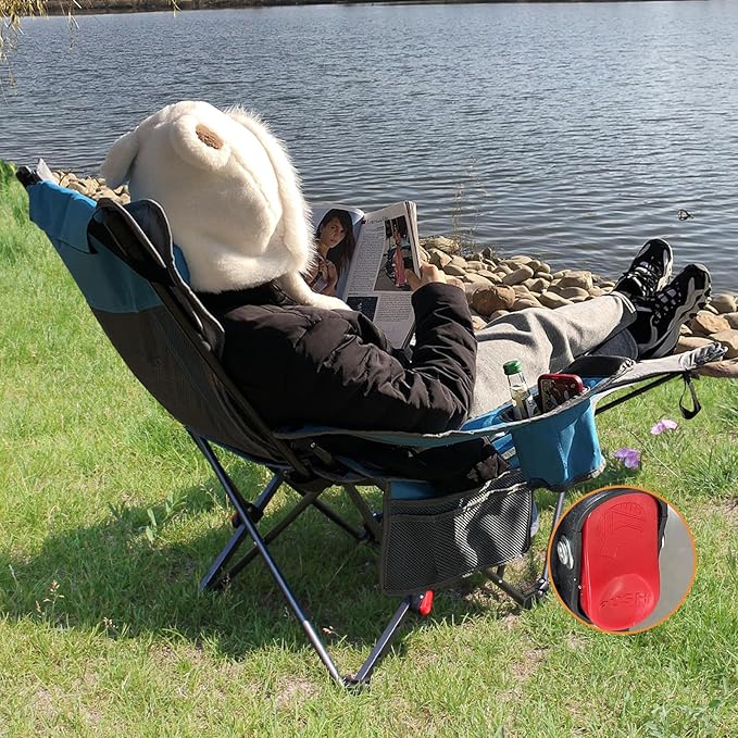 Reclining Camping Chair with Removable Footrest Lounge Chair with Headrest Cotton Cushion Portable Adjustable Folding Chairs