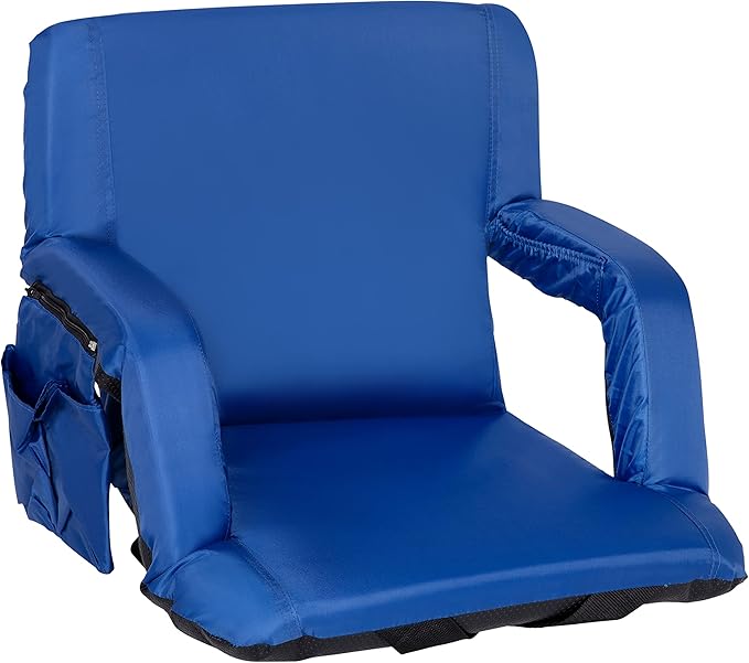 BizChair Blue Portable Lightweight Reclining Stadium Chair with Armrests Padded Back &amp Seat with Dual Storage Pockets and Backpack Straps