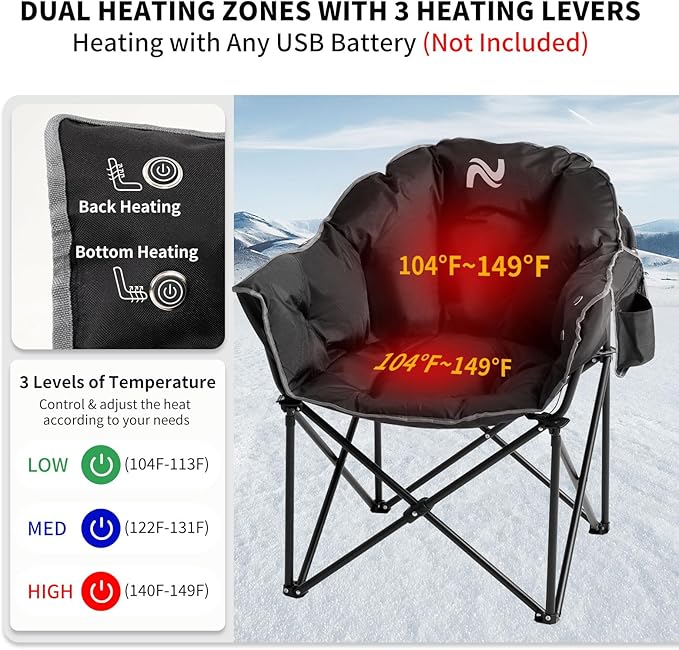 NAIZEA Heated Camping Chair Oversized Heated Folding Outdoor Chair for Adults with 3 Heat Levels Portable Foldable Patio Lounge Chair for Sports Outdoors Camp Battery NOT Included