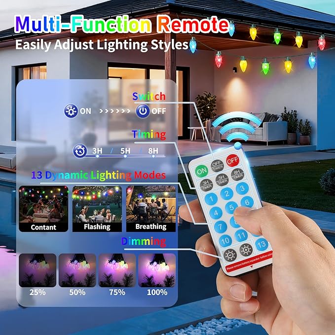 Solar Christmas Lights Outdoor 50 LED C9 Strawberry String Lights with Timer &amp 13 Light Mode Waterproof Solar Christmas Tree Lights for Garden Patio Party Christmas Decoration Multicolor