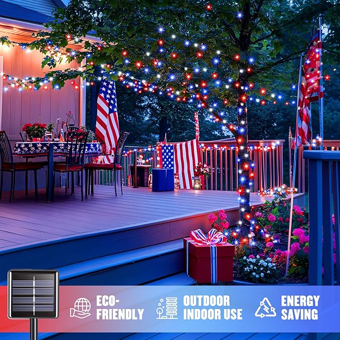 JMEXSUSS 2 Pack Red White and Blue Solar Lights 100LED 33ft Patriot Solar String Lights Waterproof 8 Modes 4th of July Lights for Independence Day Gardens Tree Outdoor 4th of July Decorations