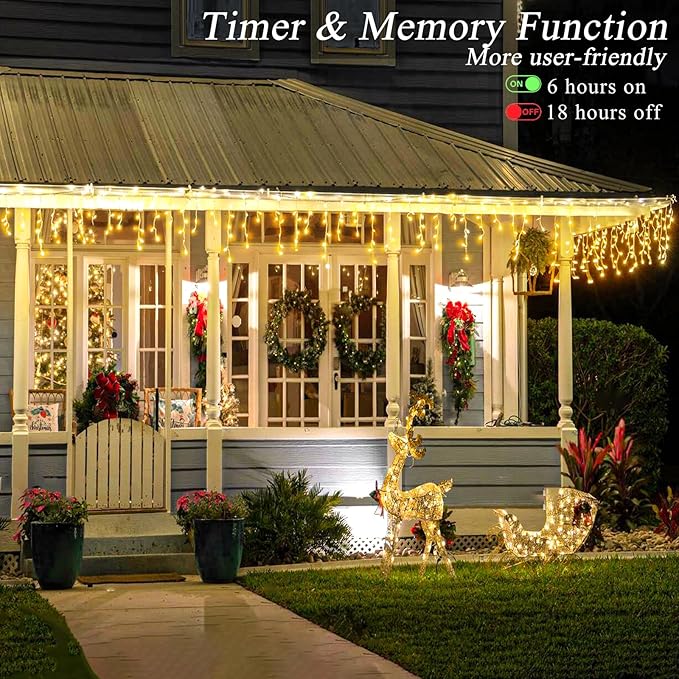 Icicle Christmas Lights Outdoor 132ft 1280 LED Icicle Lights for Outside Plug in Twinkle Lights Indoor with 8 Modes Timer Waterproof for House Holiday Decor Wedding Christmas Decorations Warm White