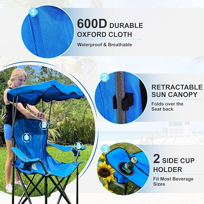 LET'S CAMP Camp Chair with Shade Canopy Folding Camping Recliner Chair with Carry Bag for Outdoor Camping Hiking Beach Heavy Duty 350 LBS