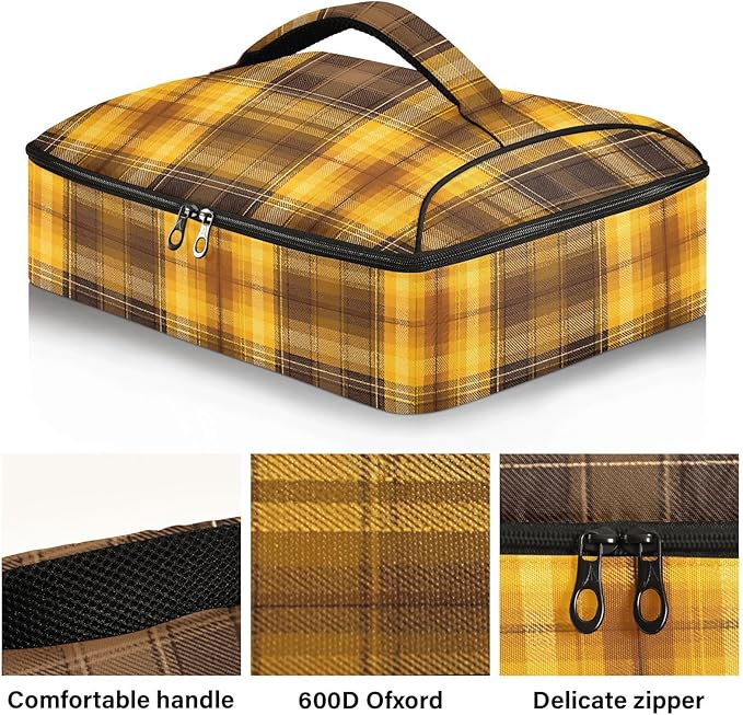 Casserole Carrier Yellow and Brown Tartan Insulated Casserole Carrier for Hot or Cold Food Thermal Lunch Tote for Parties Picnic Travel Carry Bag