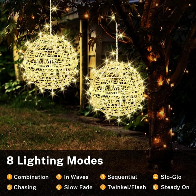 Outdoor Christmas Balls Lights 4 Pack Hanging 7.9 LED Garden Sphere Tree Lights 8 Modes Waterproof Glow Globe Lights with Memory Timer Plug for Party Yard Porch Eave Patio Xmas Decorations-Warm White