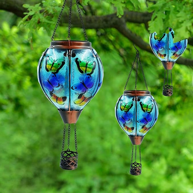 Glass Solar Hot Air Balloon Lantern with Flame Hanging Garden Flickering Light Outdoor Waterproof for Yard Patio Tree Mother's Day Gift Butterfly