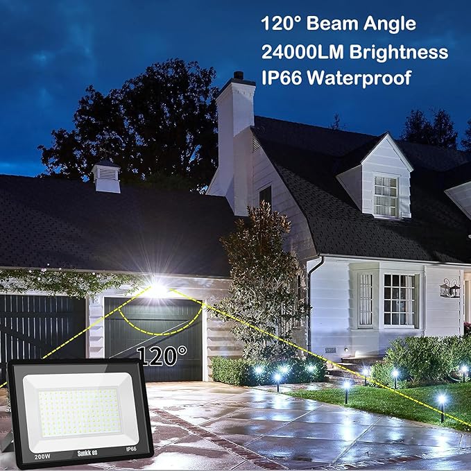 200W LED Flood Lights 3 Pack Outdoor IP66 Waterproof 24000LM Bright Security Light Outside Lamp Exterior Floodlights Lighting for Garage Garden Stadium Yard Arena