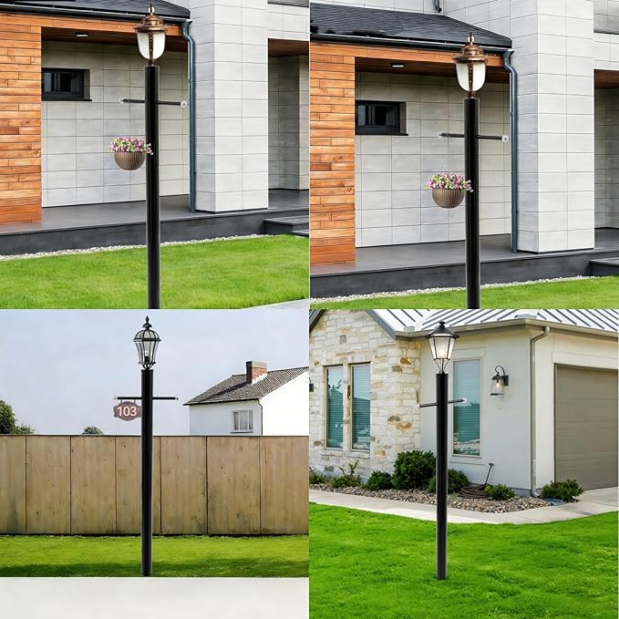 8FT Direct Burial Lamp Post Split Street Light Pole with Cross Arm Lighting Post Fixtures for Pathway Courtyard Parking Lot Fits Standard 3 Post Top Fixtures (8FT 76mm Direct Burial)