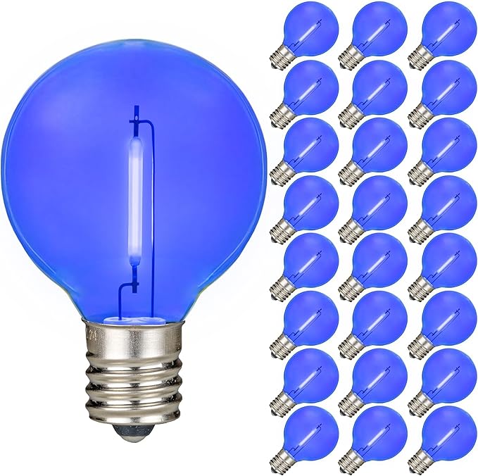 Novelty Lights 25 Pack Blue G40 LED Filament String Light Bulbs E12/C7 Candelabra Base 5 Watt Equivalent Shatterproof Replacement Bulbs for Patios Canopy Lighting