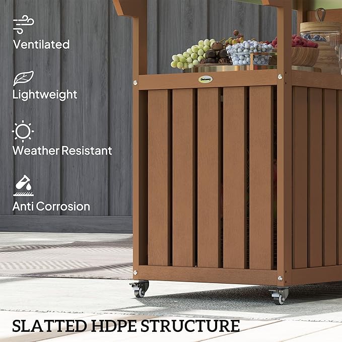 Outdoor Bar Cart with Stainless Steel Top 45.7x18.9x35in HDPE Structure 66lb Load Capacity Storage Cabinet Open Shelf Brown