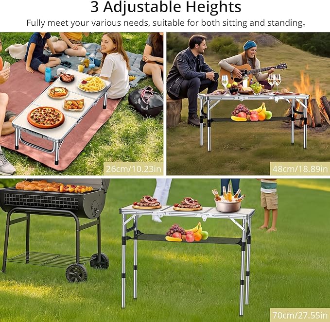 Anbte Folding Camping Table with Storage Net 3ft Camping Table Aluminum Folding Table with 3 Adjustable Height Max 27.1 Inch Portable for Outdoor Backyard BBQ Silver