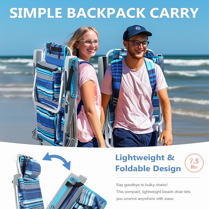 PASAMIC Backpack Beach Chair for Adults Portable Lay Flat Reclining Beach Chair with 5 Positions Tall Heavy Duty Folding Chairs with Cup Holder Cooler Pouch Storage Pouch Towel Bar Blue Stripe