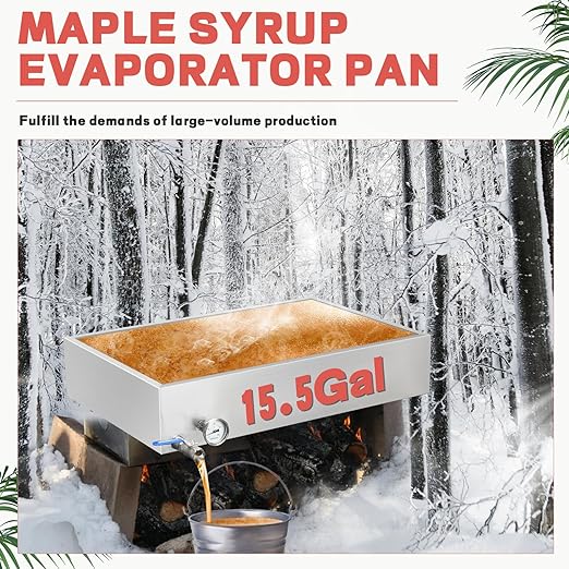 Maple Syrup Evaporator Pan 15.5Gal 304 Stainless Steel Maple Syrup Evaporator with Valve and Thermometer 30 x 20 x 6 Inch Feed Pan for Boiling Maple Syrup for Home and Outdoor Use