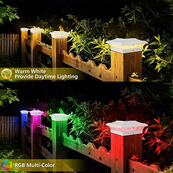 T-SUN Solar Post Cap Lights with Auto-Change Colors- for Vinyl/Wooden Posts Weatherproof Outdoor Solar Fence Post Lights for Deck Porch Garden &amp Stairs(12-PackRGB)
