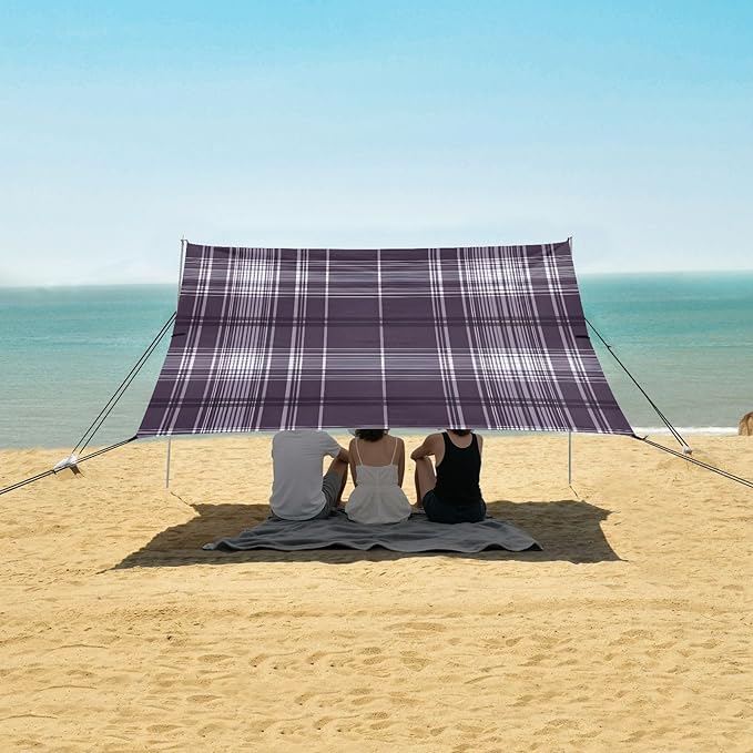 Beach Tent Sun Shelter Dark Blue Plaid Lightweight &amp Easy Setup Beach Shade Canopy for Camping Fishing