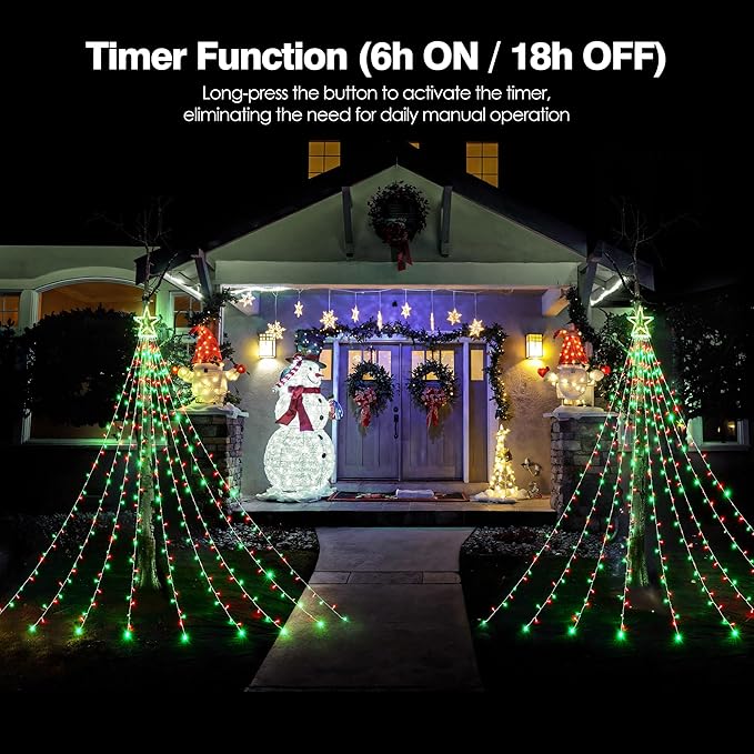 BlcTec Outdoor Christmas Decorations 317 LEDs Christmas Lights with 9 Strands 11.9ft Waterfall Christmas Tree Lights 8 Modes Waterproof Topper Star &amp Timer for Yard Patio Xmas Décor Red Green