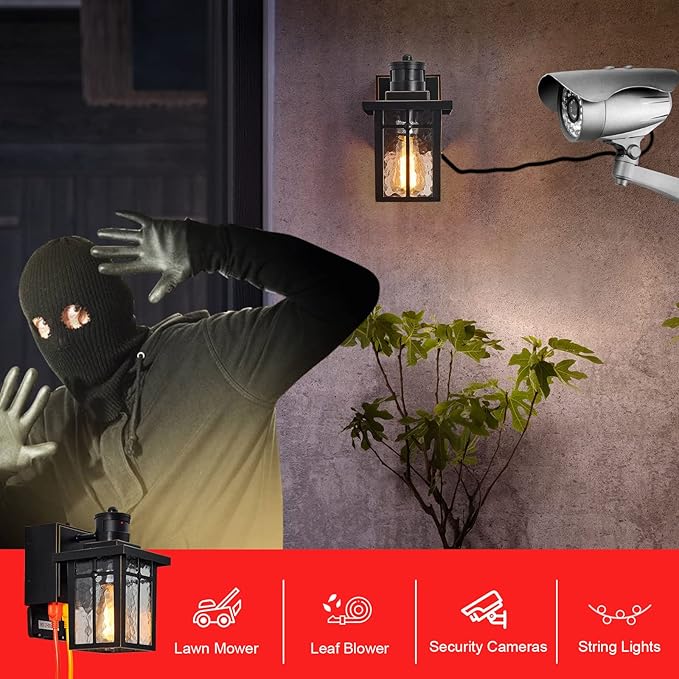 Porch Lights with GFCI OutletDusk to Dawn Motion Sensor Outdoor Lights3 Lighting Modes Black Front Door LightWaterproof Exterior Light FixtureOutside Wall Lamp for House Patio Garage