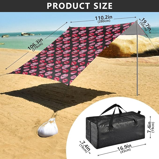 ALAZA Lips Red &amp Pink Beach Tent Sun Shelter UPF50+ Protection Beach Shade Canopy w/ 4 Sandbags for Outdoor Camping Fishing Backyard Fun Picnic 10x9 ft