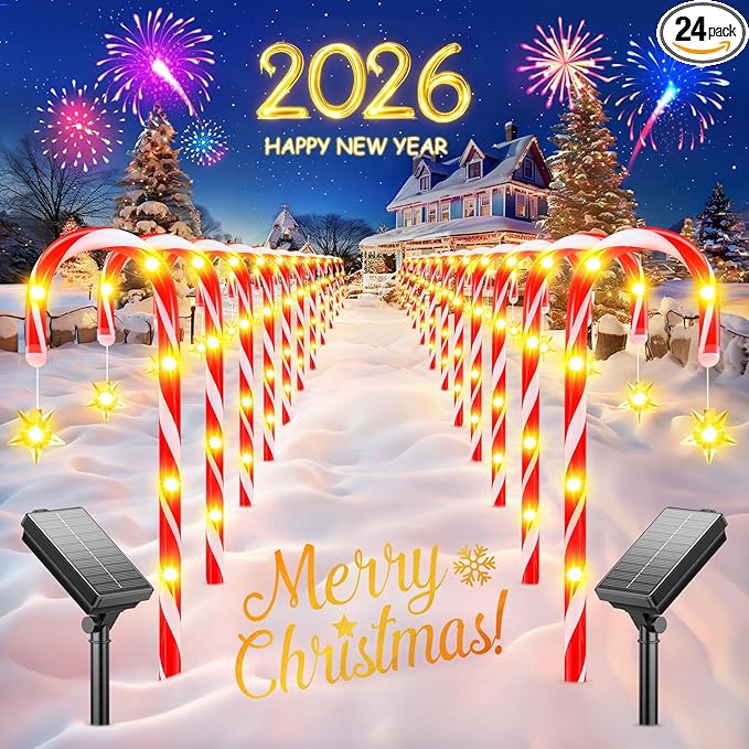 24 Pack Upgraded Solar Candy Cane Lights Outdoor Christmas Decorations Outdoor Solar Christmas Pathway Lights Waterproof with USB Charging 10 Modes for Yard Garden Lawn Path Walkway Party Xmas Decor