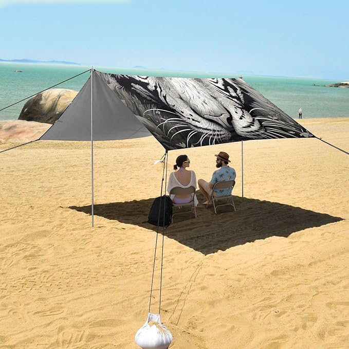 White Tiger Face Beach Tent Sun Shelter 9.2' x 10.5' Beach Canopy with 4 Sandbags 4 Stability Poles Sand Shovels - Tent Canopy for Beach Camping Fishing Picnics